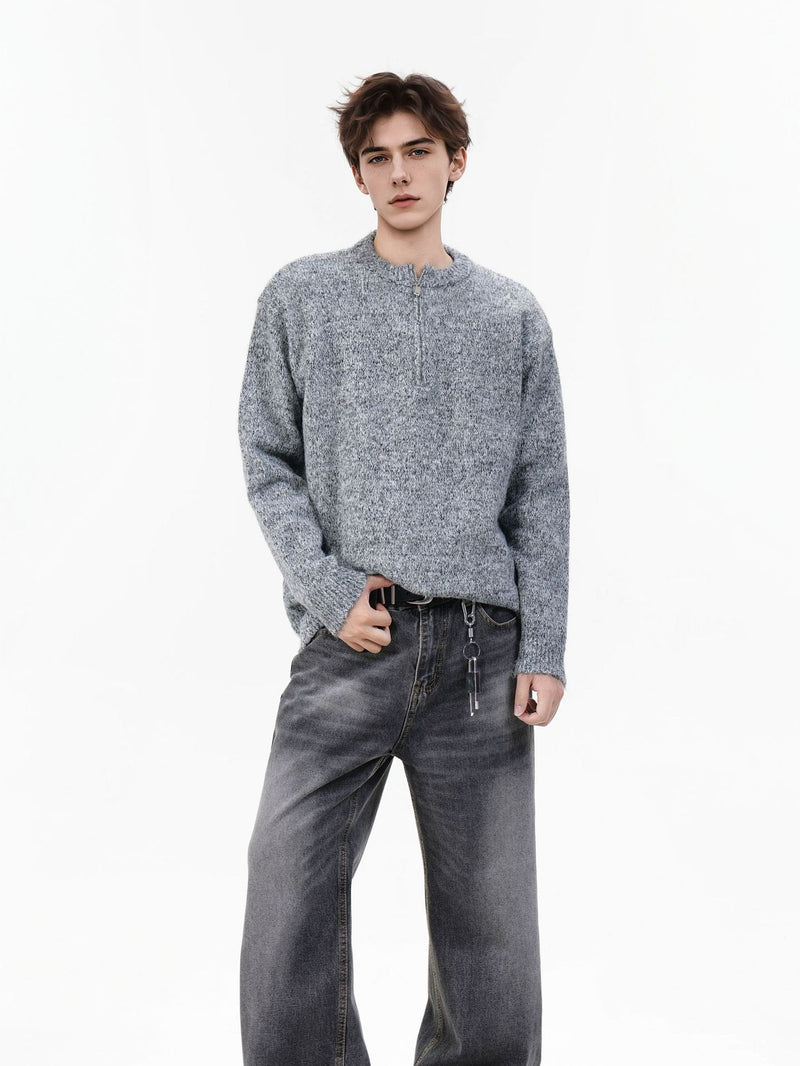 Quarter-Zip Knit Sweater – Marled Relaxed-Fit Crewneck