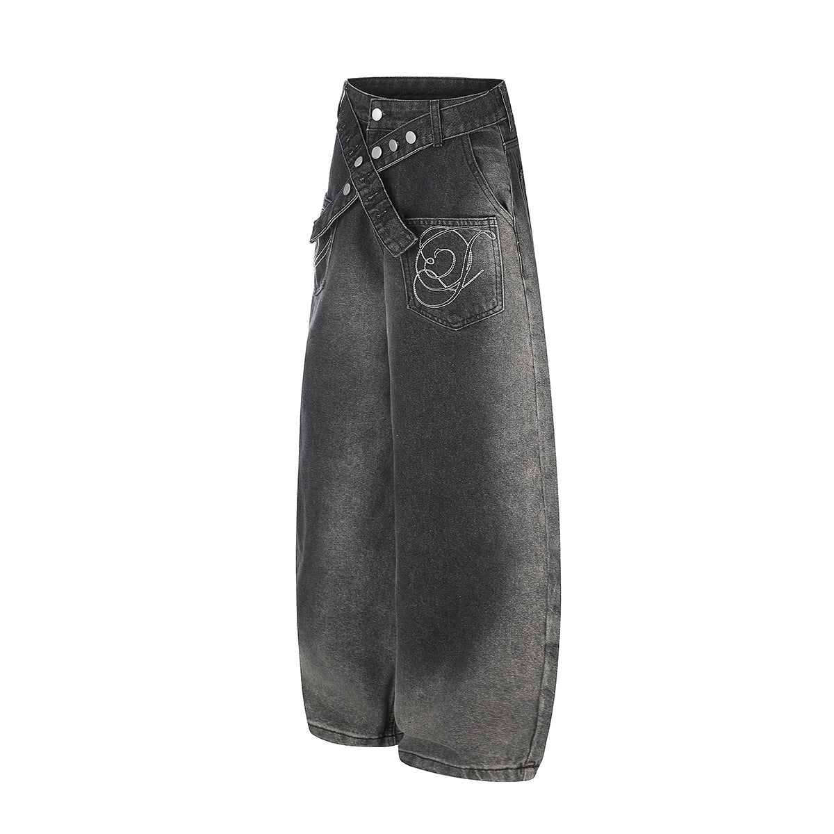 Vaqueros baggy de pierna ancha con cinturilla cruzada de broches y bolsillos bordados