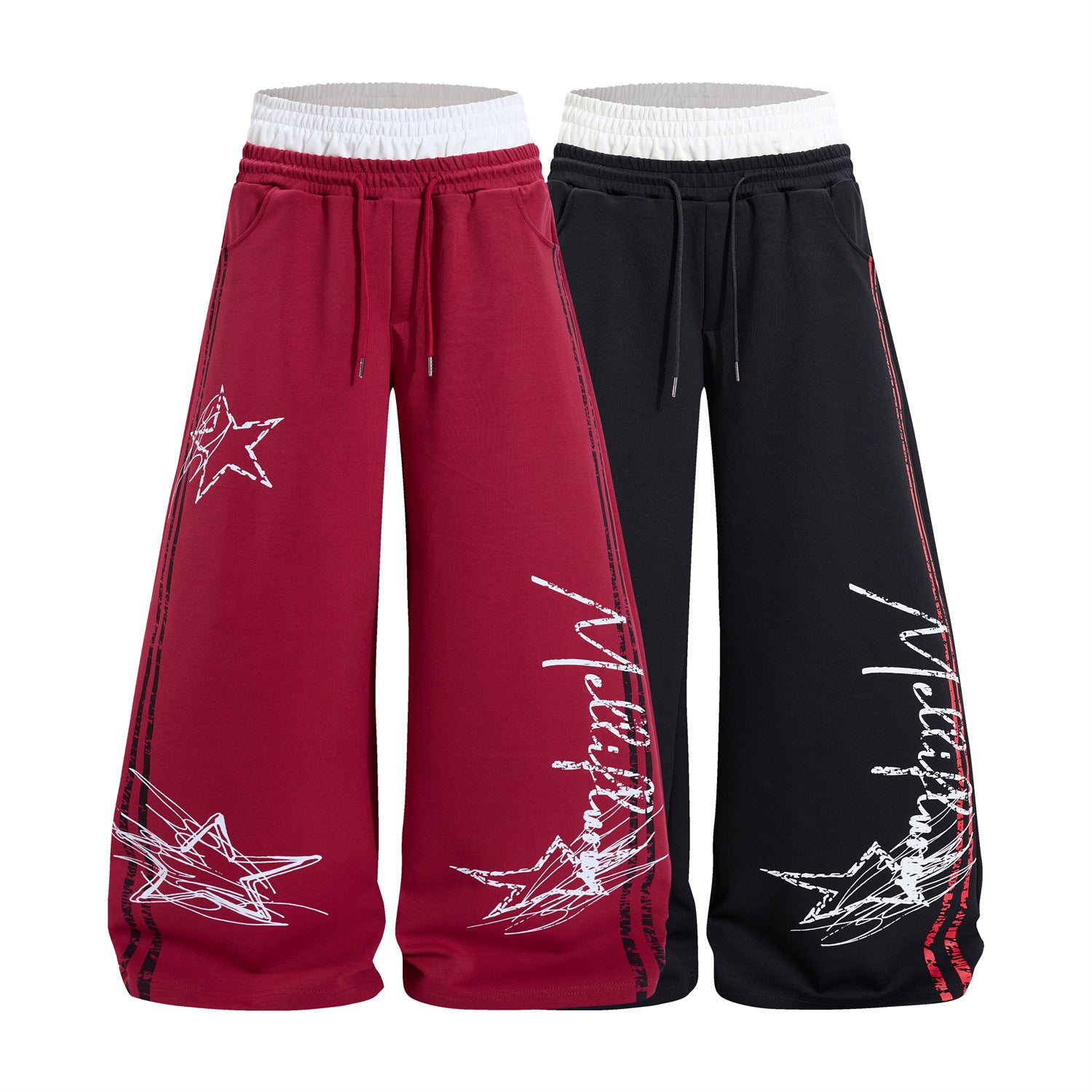 Weit geschnittene Sweatpants mit Stern- und Graffiti-Schriftzug, weiß-schwarzem Doppelbund, erhältlich in Bordeauxrot und Schwarz