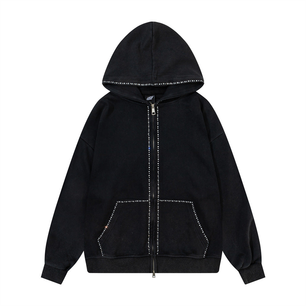 Hoodie zippé avec bordure en strass et double zip — Streetwear délavé