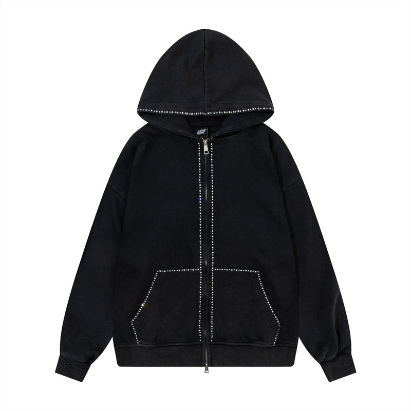 Hoodie zippé avec bordure en strass et double zip — Streetwear délavé
