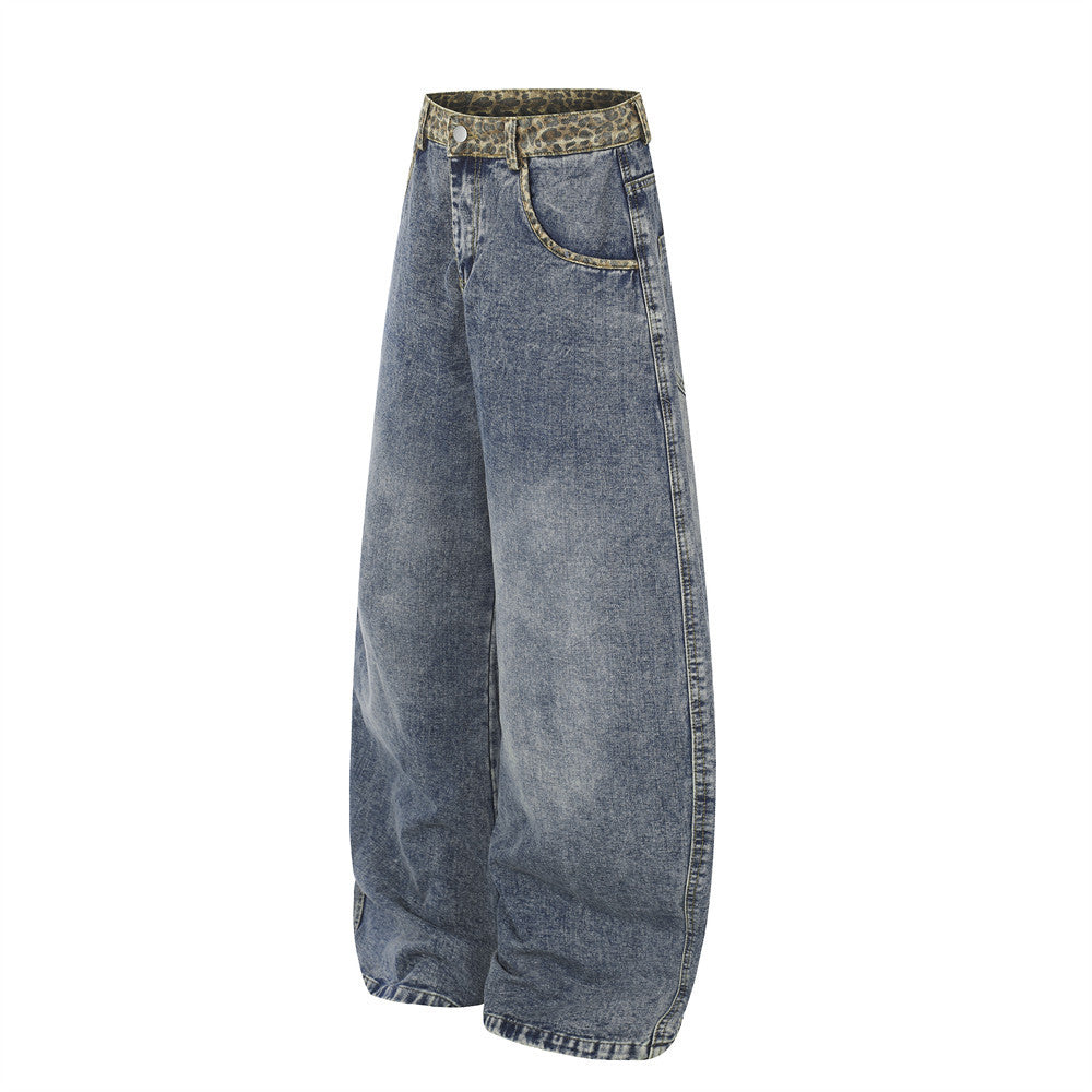 Vaqueros de Pierna Ancha para Hombre – Cintura de Leopardo, Corte Barrel Holgado y Denim Lavado