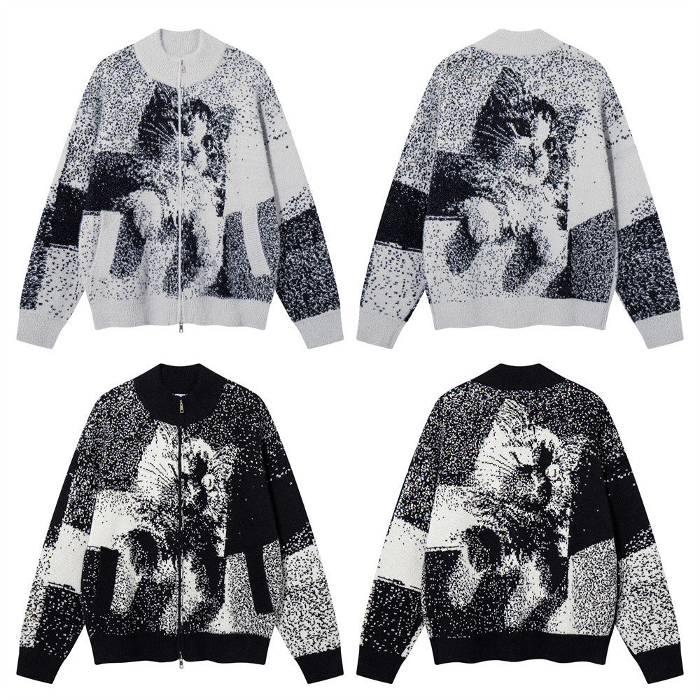 Katzen-Jacquard-Strick-Cardigan mit Reißverschluss – Oversized-Stehkragen