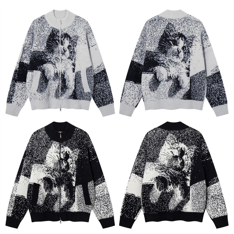 Katzen-Jacquard-Strick-Cardigan mit Reißverschluss – Oversized-Stehkragen