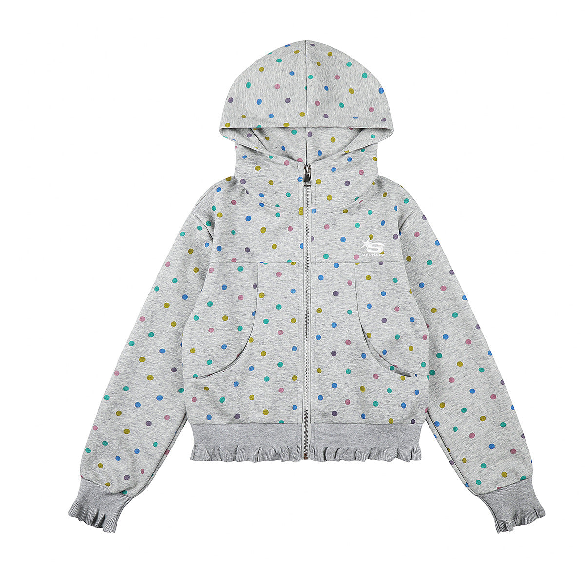 Sweat à capuche zippé raccourci gris chiné, imprimé pois multicolores, bas et poignets volantés et poches kangourou