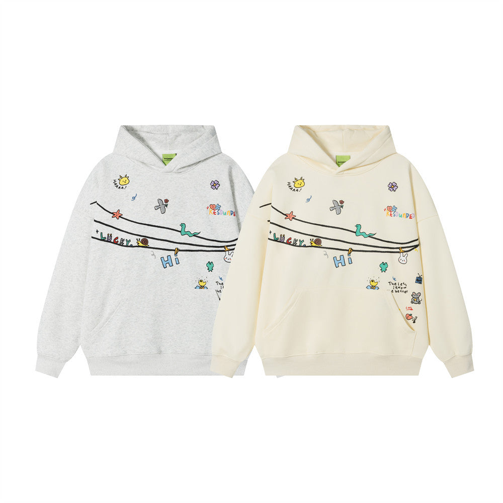Sweat à capuche oversize à enfiler, motif cartoon – Imprimé doodle fantaisiste