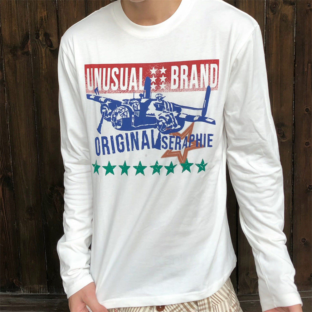 Men's Long-Sleeve Graphic T-Shirt with Fighter Jet Print – Relaxed Crew Neck