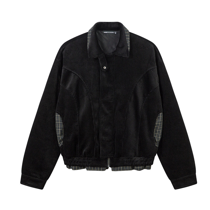 Corduroy Boxy Jacket with Plaid Contrast Lining – Retro American Style