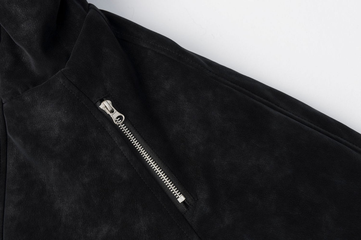 Fur Collar Bomber Jacket – Black Suede-Texture Padded Outerwear