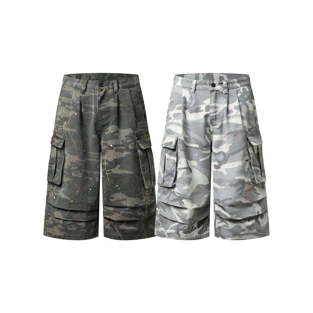 Camo Cargo Shorts – Paint Splatter Multi-Pocket Wide-Leg