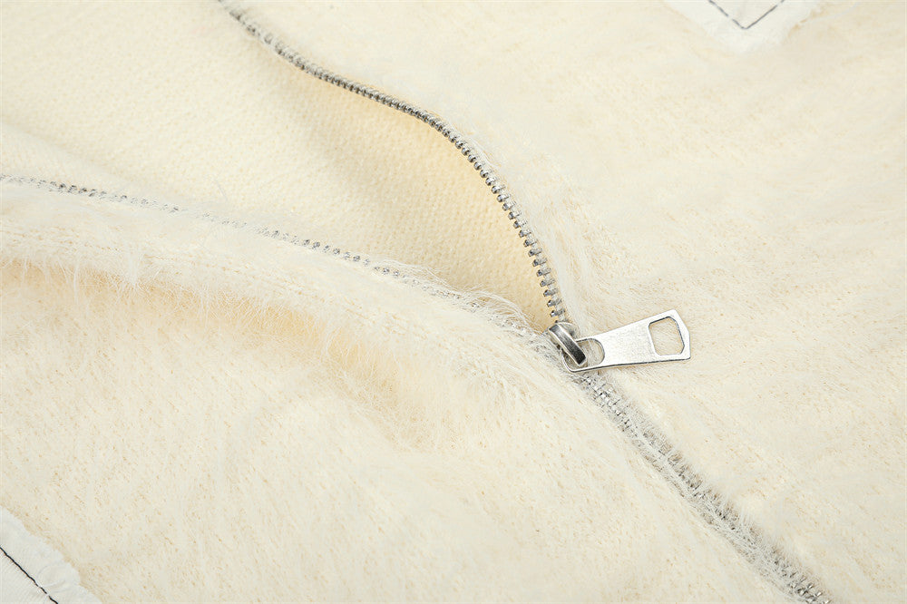 Fuzzy Knit Zip-Up Hoodie with Animal Patches – Streetwear Cardigan