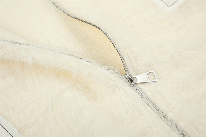 Fuzzy Knit Zip-Up Hoodie with Animal Patches – Streetwear Cardigan