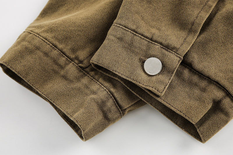 Blouson bomber homme en toile canvas délavée avec grandes poches cargo et col à boucle