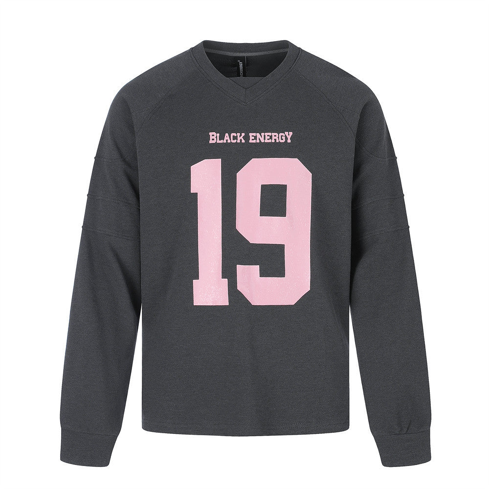 Black Energy No.19 Number Print Long Sleeve Sweatshirt – Oversized V-Neck Sports
