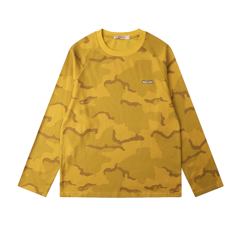 Camo Long Sleeve Waffle-Knit Crew Neck Shirt – Retro American Style
