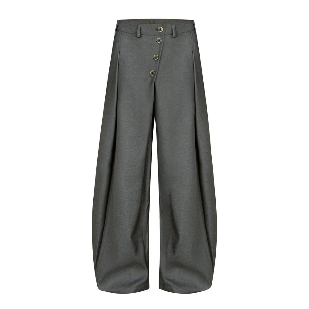 Wide-Leg Pleated Trousers – Diagonal Button Fly, Relaxed Silhouette