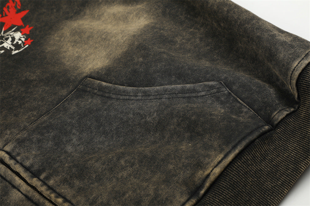Acid-Wash-Zip-Hoodie mit Hufeisen-Stamp & Rider-Grafik – Oversize-Passform