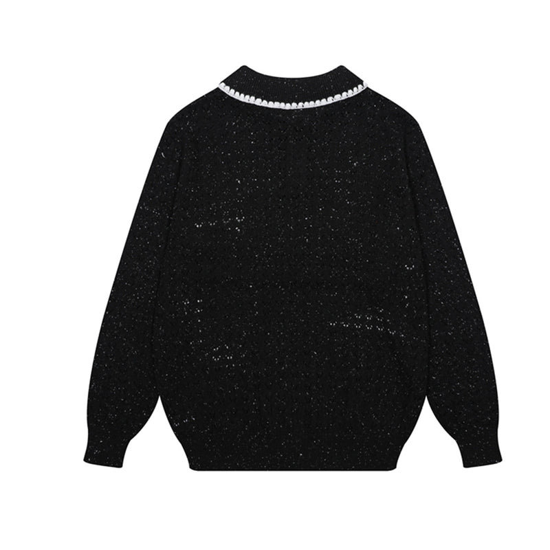 Cat Jacquard Polo Collar Openwork Knit Sweater – Unisex Korean Style