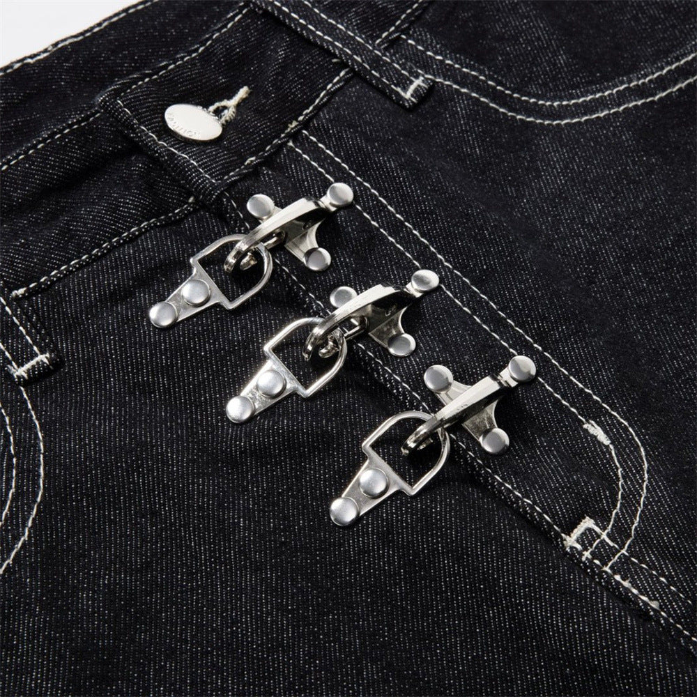 Black Wide-Leg Jeans – Metal Hook Closure & Contrast Stitching Streetwear Denim