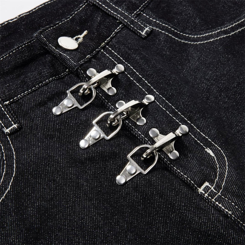 Black Wide-Leg Jeans – Metal Hook Closure & Contrast Stitching Streetwear Denim