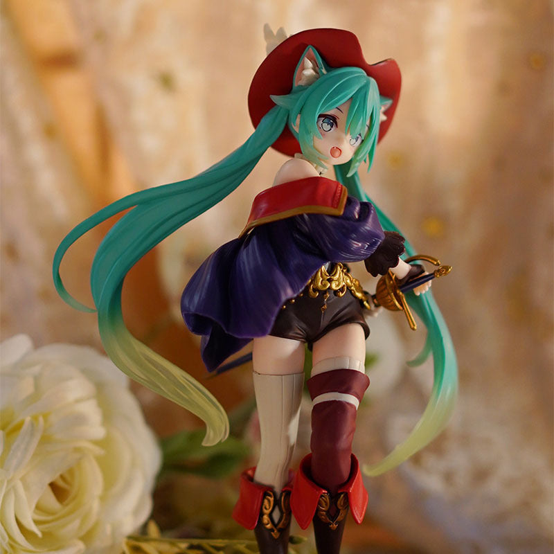 This 18cm PVC figure from Hatsune Miku captures the anime-style character with turquoise hair and cat ears. Dressed in a red hat and purple cape, she wields a sword among white flowers against a blurred backdrop, reminiscent of Puss in Boots&