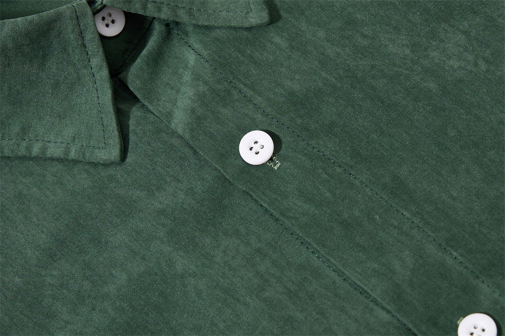 Men's Oversized Short Sleeve Button-Up Shirt – Casual Solid Suede-Texture