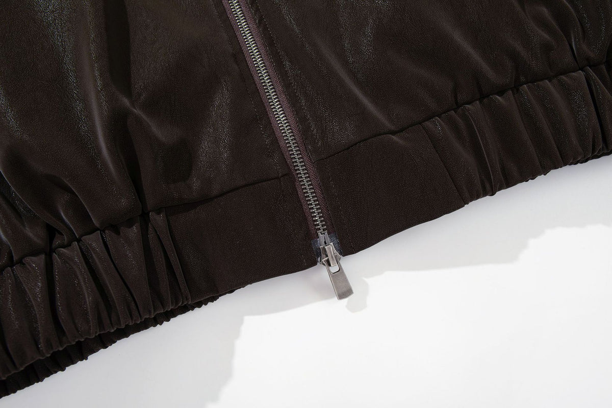 Oversized Black Leather Jacket Faux PU Bomber with High Collar