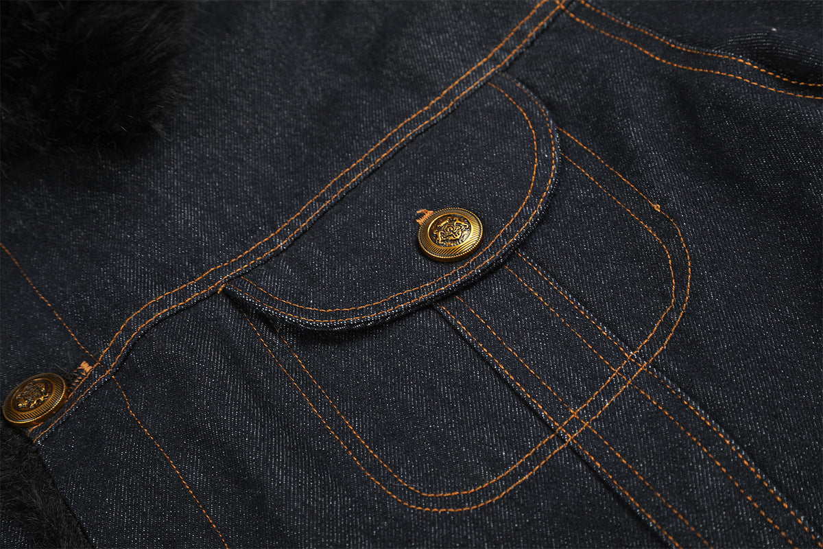 Dark Indigo Denim Jacket with Faux Fur Collar & Fleece Lining