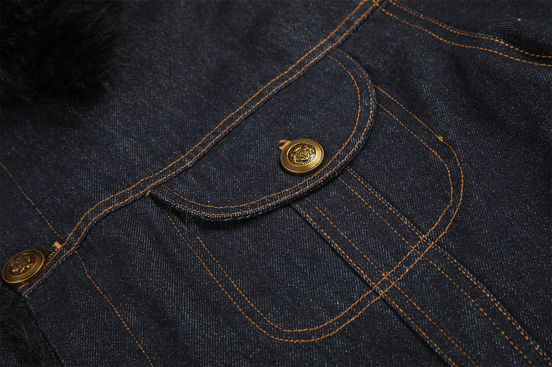 Dark Indigo Denim Jacket with Faux Fur Collar & Fleece Lining