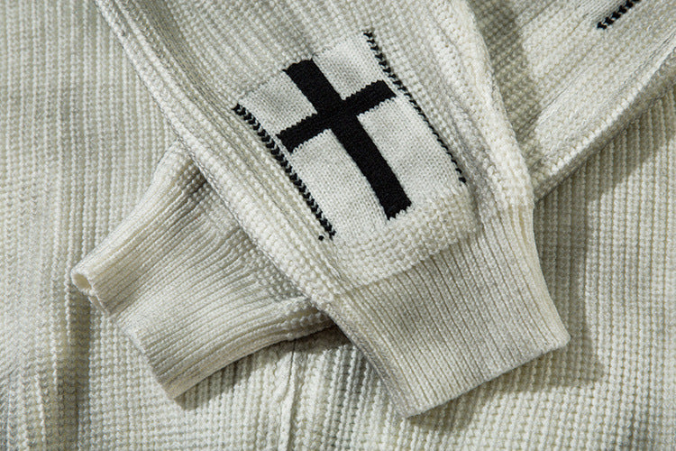 Veste-pull zippée en maille jacquard croix gothique – Col montant médiéval sombre