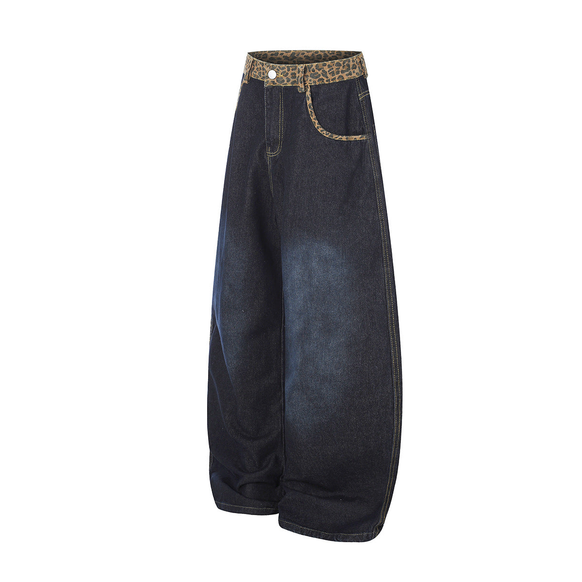 Vaqueros baggy de pierna ancha con cinturilla de leopardo – Corte recto tipo barril