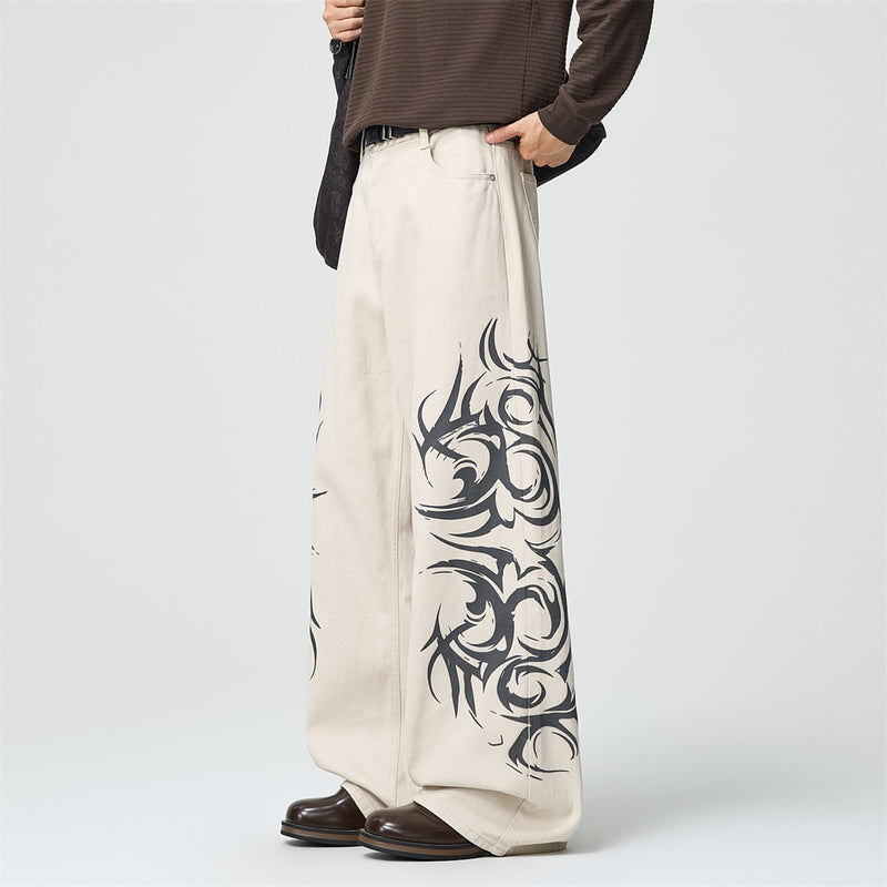 Tribal Print Wide-Leg Jeans – Men's Streetwear Straight Baggy Pants