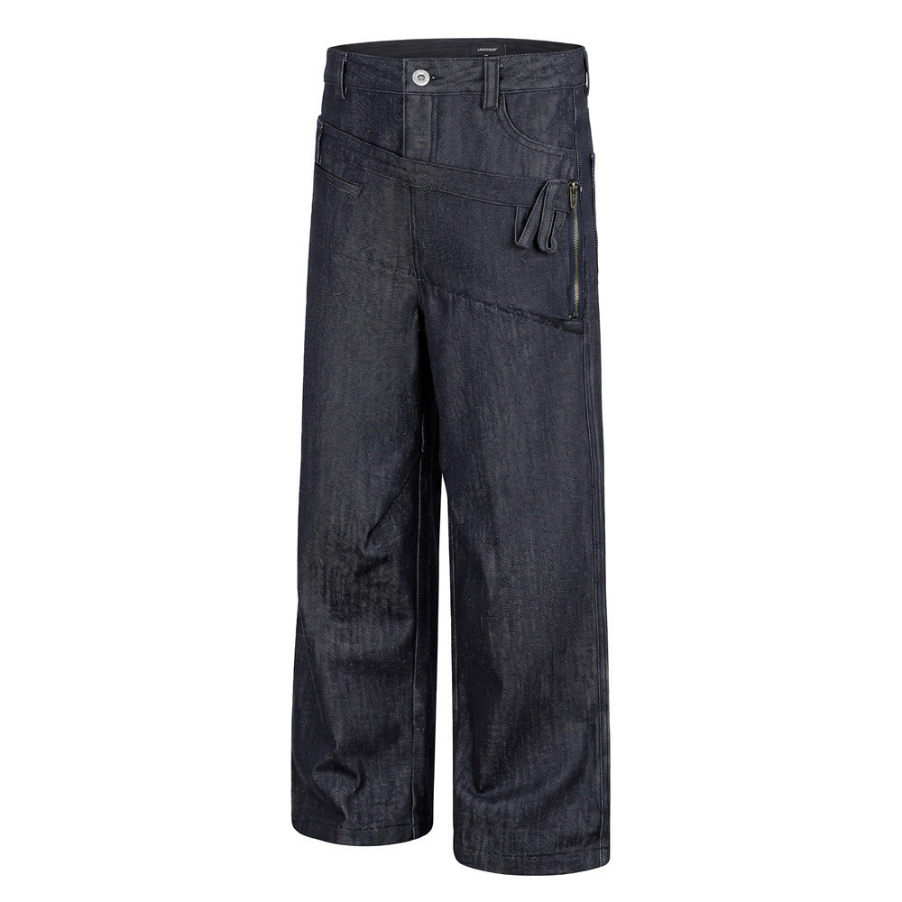 Jeans à double ceinture et jambes larges – Denim droit et ample pour homme avec empiècement diagonal