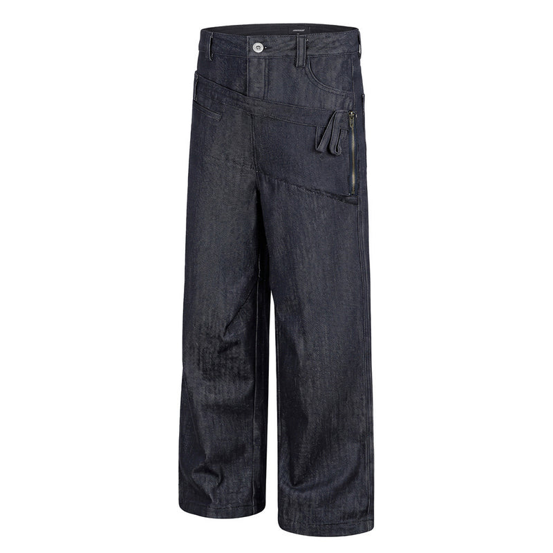 Jeans à double ceinture et jambes larges – Denim droit et ample pour homme avec empiècement diagonal