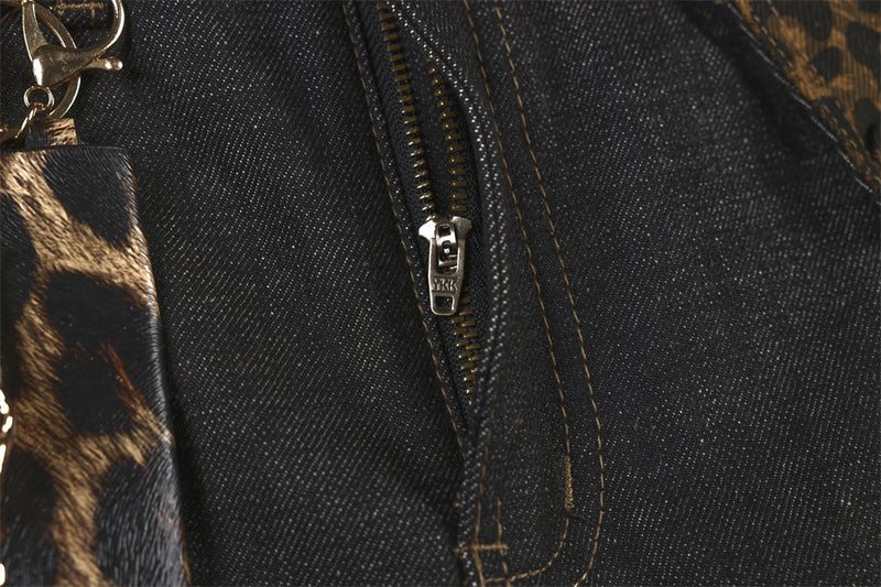 Baggy Black Jeans Men's Wide-Leg Denim with Leopard Print Pockets & Charm Detail