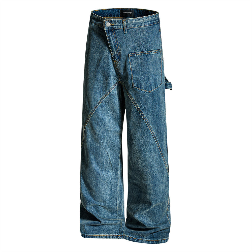 Wide-Leg-Carpenter-Jeans – Herrenjeans aus gewaschenem Denim mit asymmetrischer Knopfleiste und Utility-Details