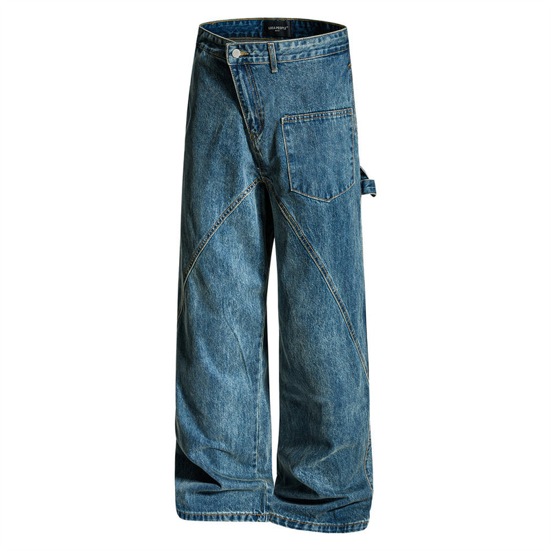 Wide-Leg-Carpenter-Jeans – Herrenjeans aus gewaschenem Denim mit asymmetrischer Knopfleiste und Utility-Details