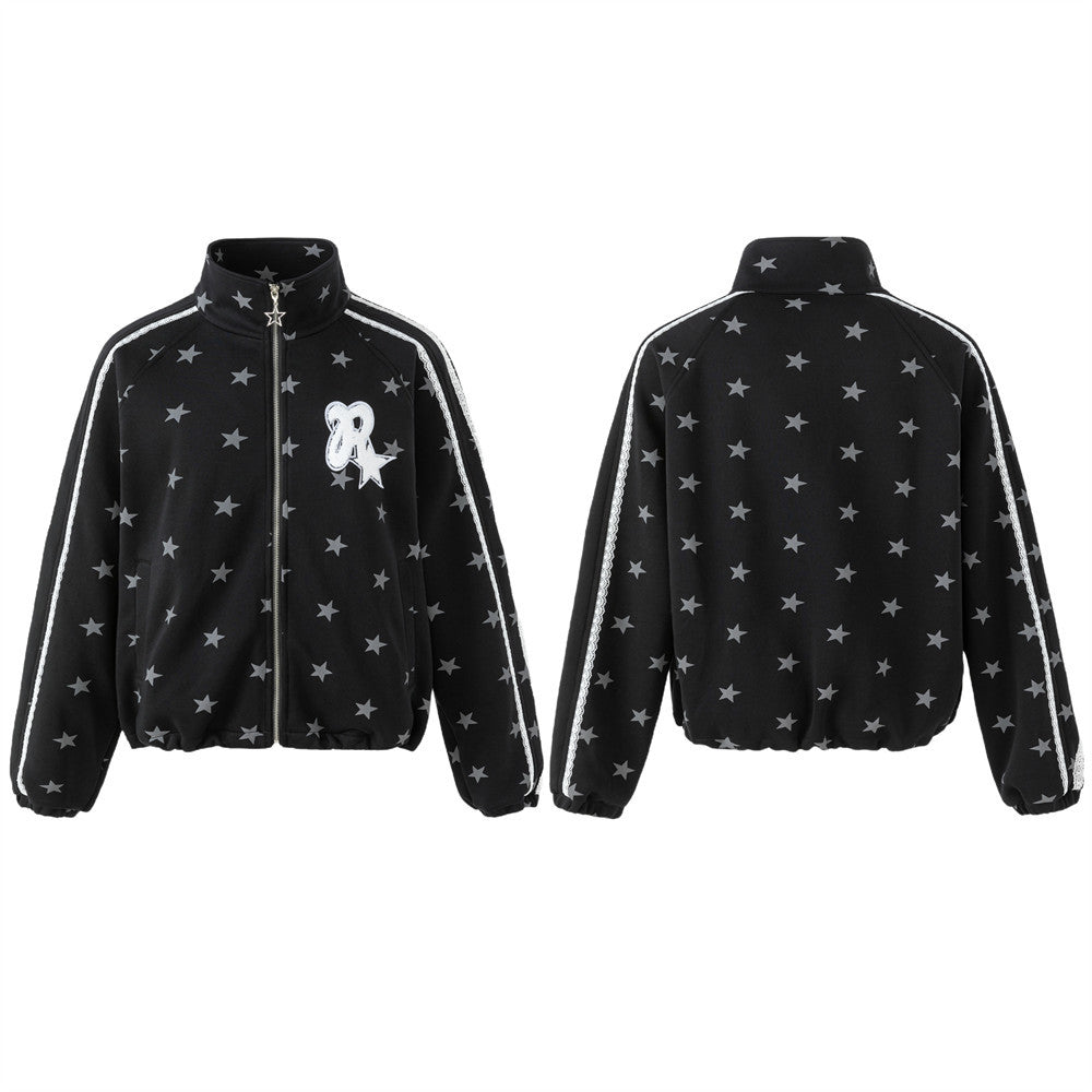 Star Print Zip-Up Track Jacket – Black Allover Star Streetwear Bomber