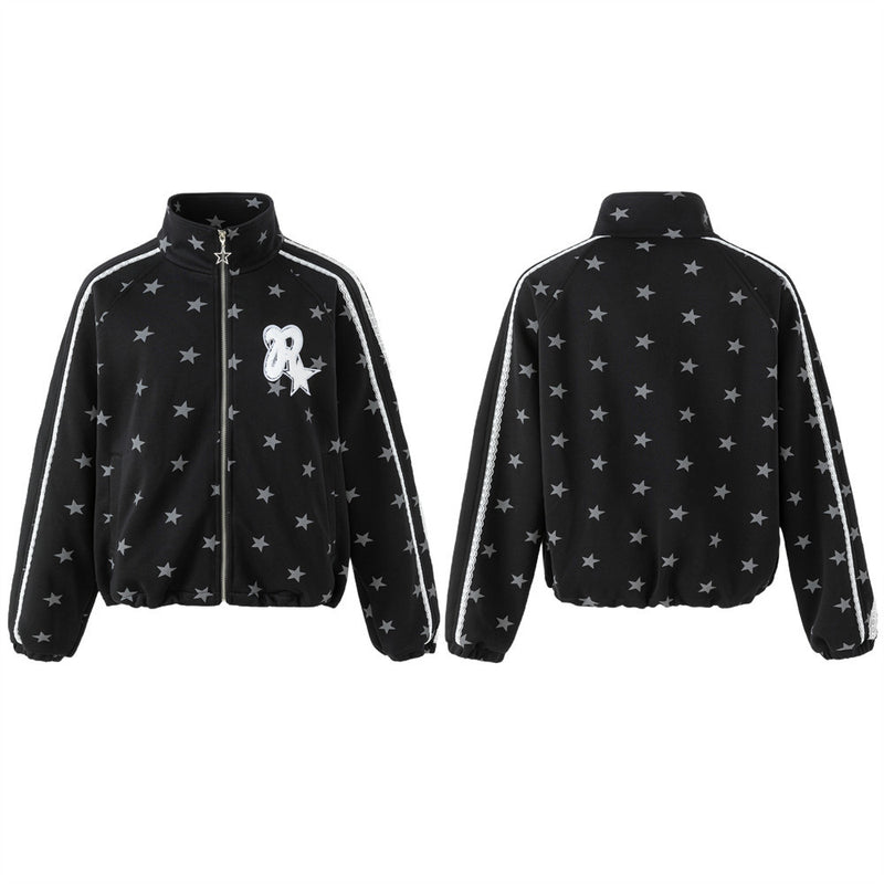 Star Print Zip-Up Track Jacket – Black Allover Star Streetwear Bomber