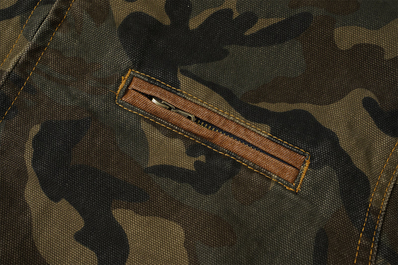Veste de travail zippée en toile camouflage avec col en velours côtelé