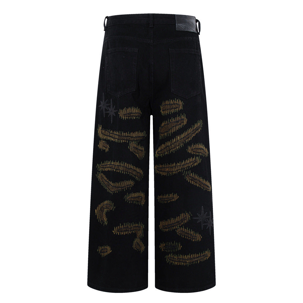 Wide-Leg Jeans with Chaotic Needle Embroidery & Star Patches