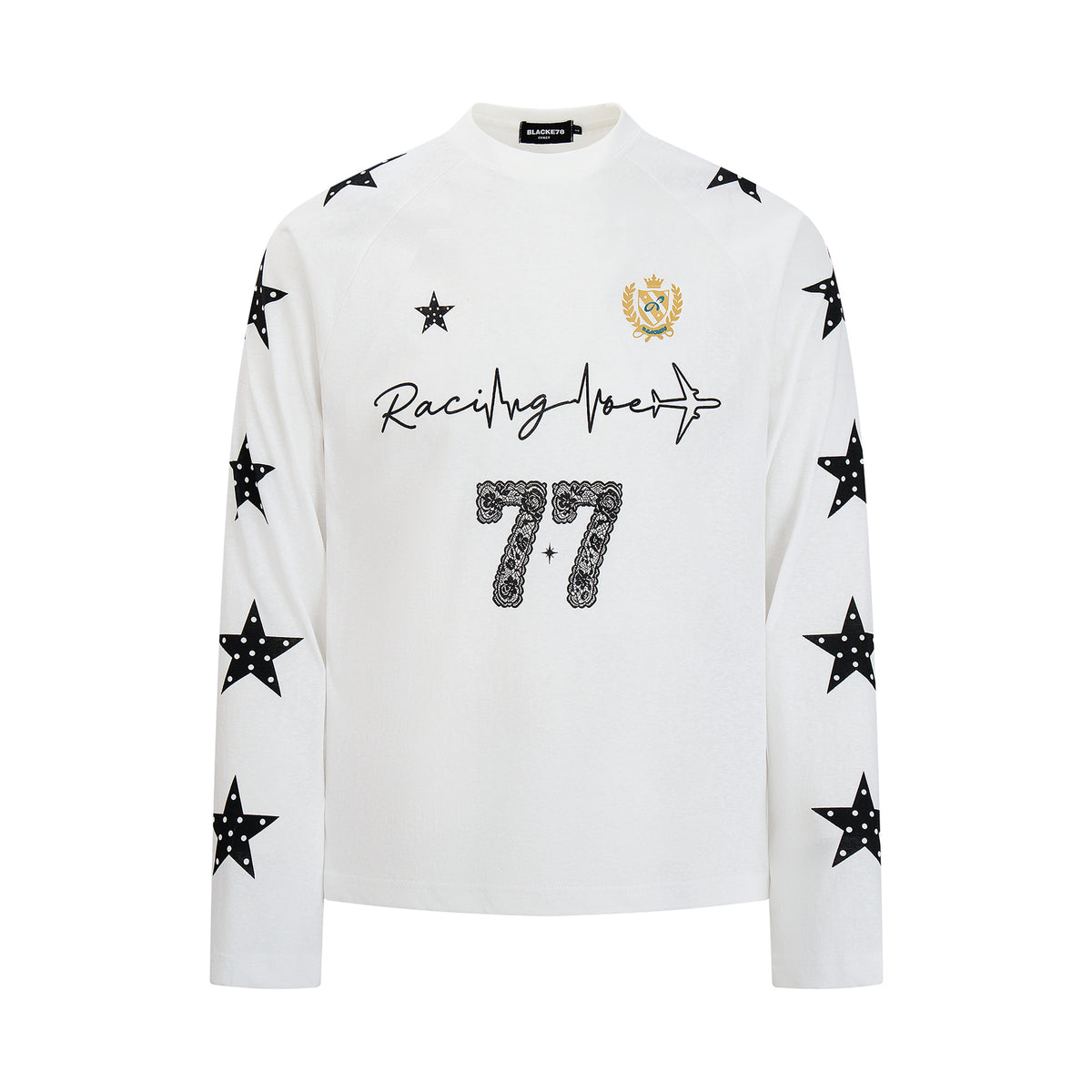 Camiseta gráfica universitaria de manga larga con estrellas – Racing Heart Lace 77