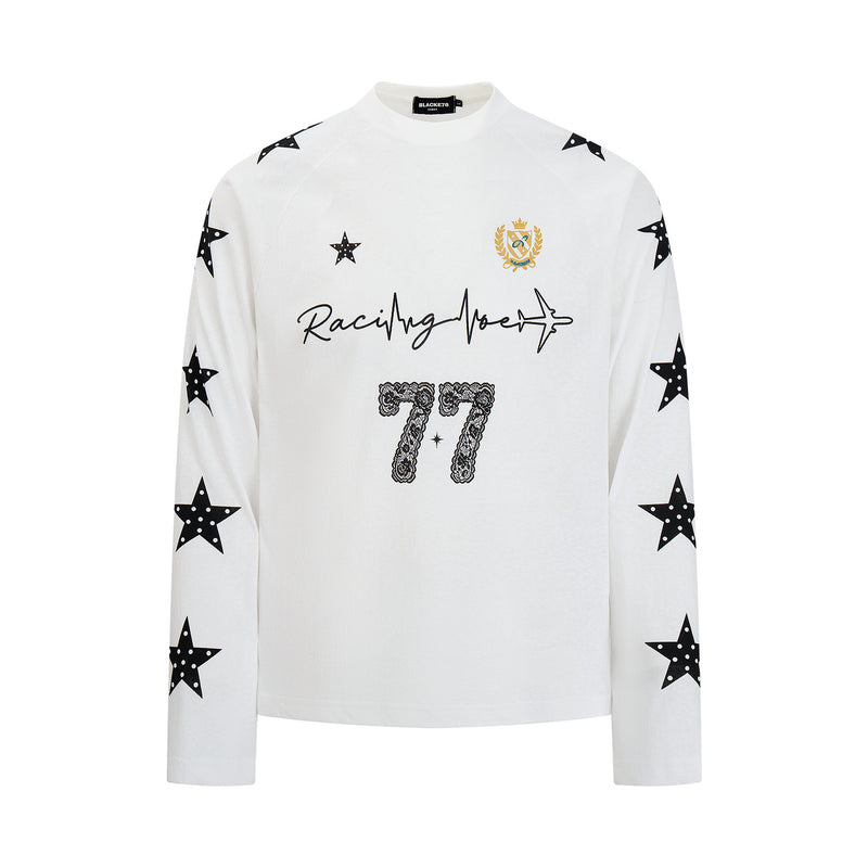Camiseta gráfica universitaria de manga larga con estrellas – Racing Heart Lace 77
