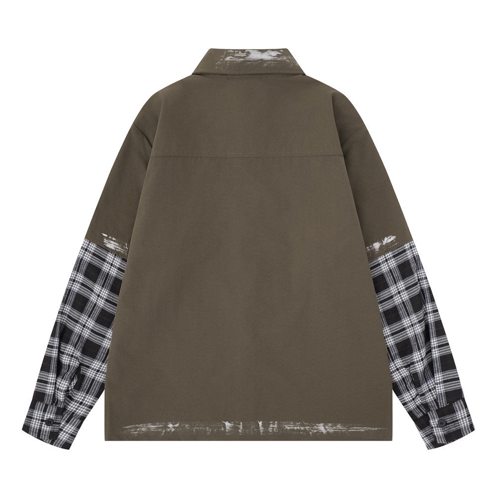 Plaid Splice Long Sleeve Shirt – Faux Two-Piece Brushstroke Detail, Relaxed Fit