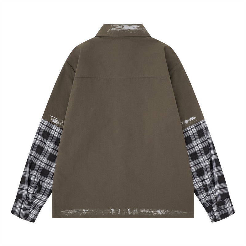 Plaid Splice Long Sleeve Shirt – Faux Two-Piece Brushstroke Detail, Relaxed Fit
