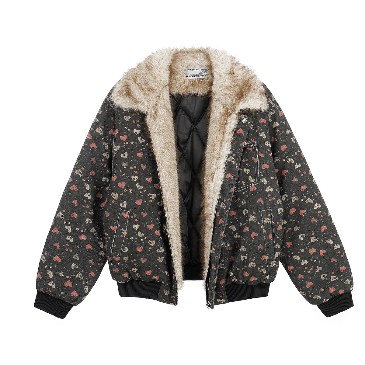 Heart Print Faux Fur Collar Padded Bomber Jacket – Vintage Floral Streetwear