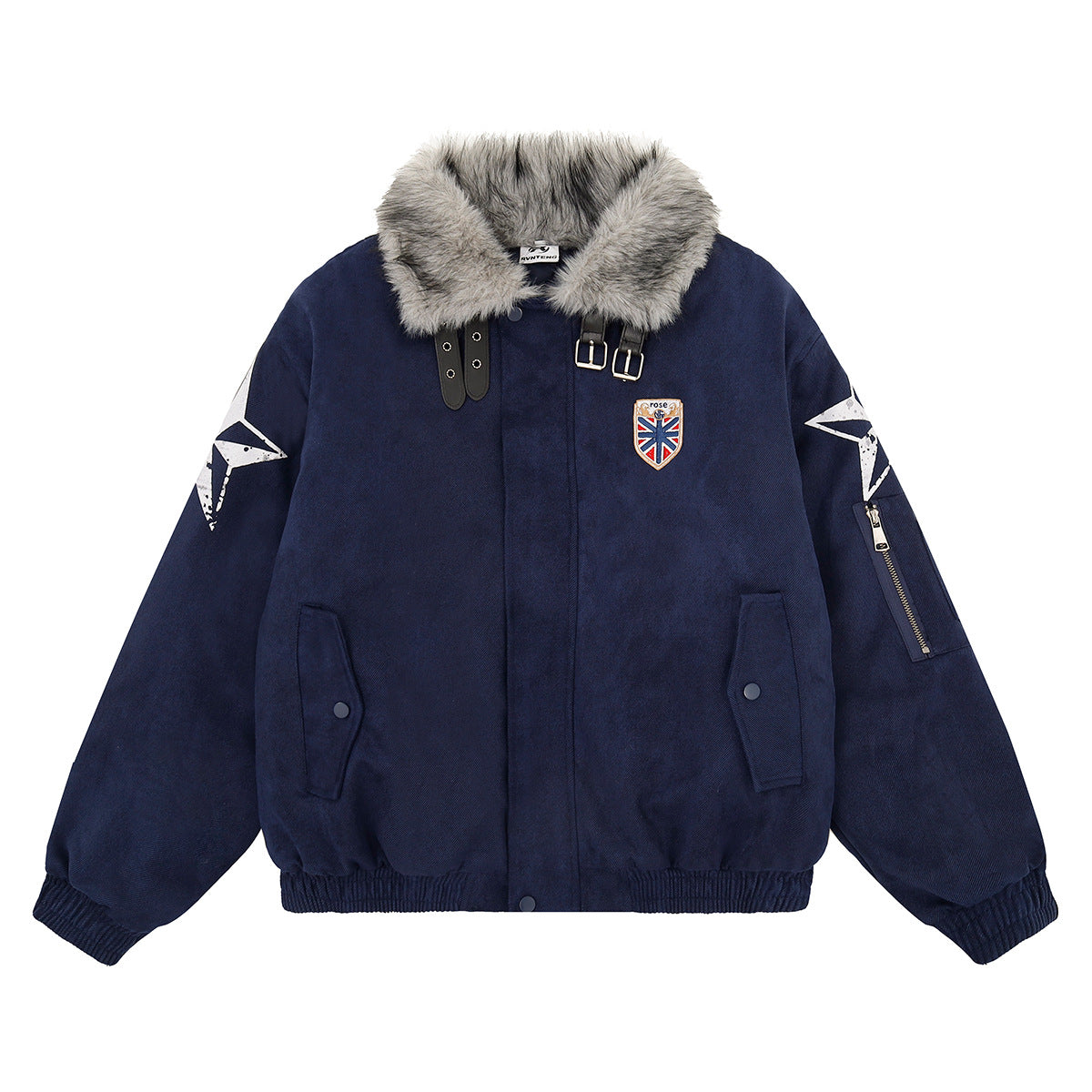 Retro American Bomber Jacket with Faux Fur Collar & Star Patches