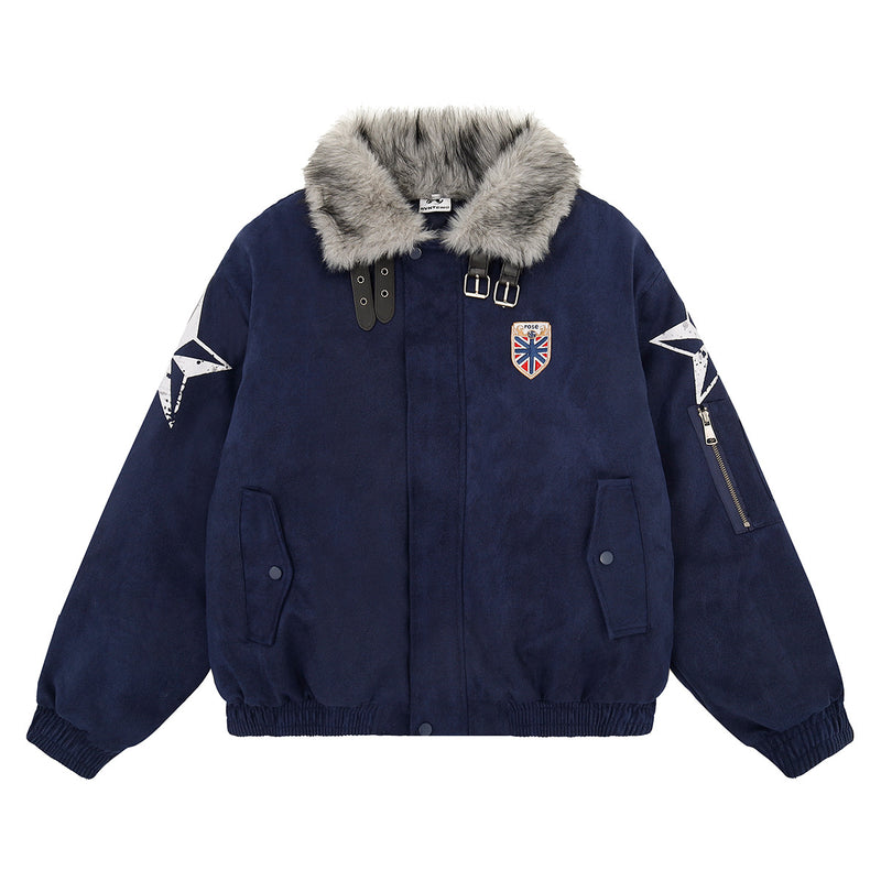 Retro American Bomber Jacket with Faux Fur Collar & Star Patches