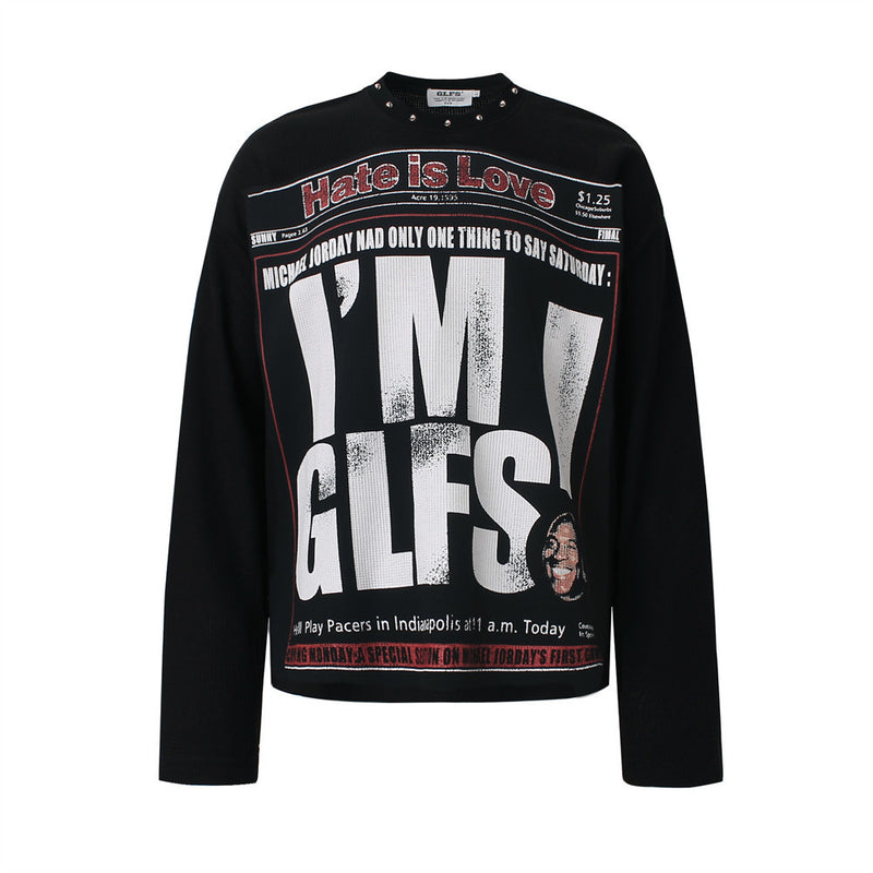 Newspaper Graphic Long Sleeve Waffle Tee – Studded Collar, Distressed Print