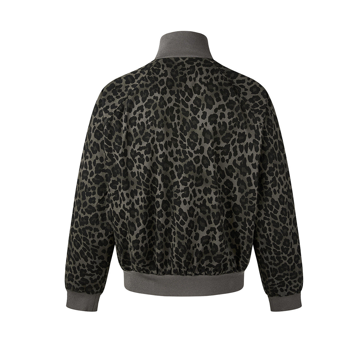 Leopard Print Track Jacket with Striped Sleeve Tape and Mock Neck Zip